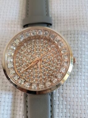 Traci Lynn Rose Gold Crystal Studded Dial Watch with Gray Strap